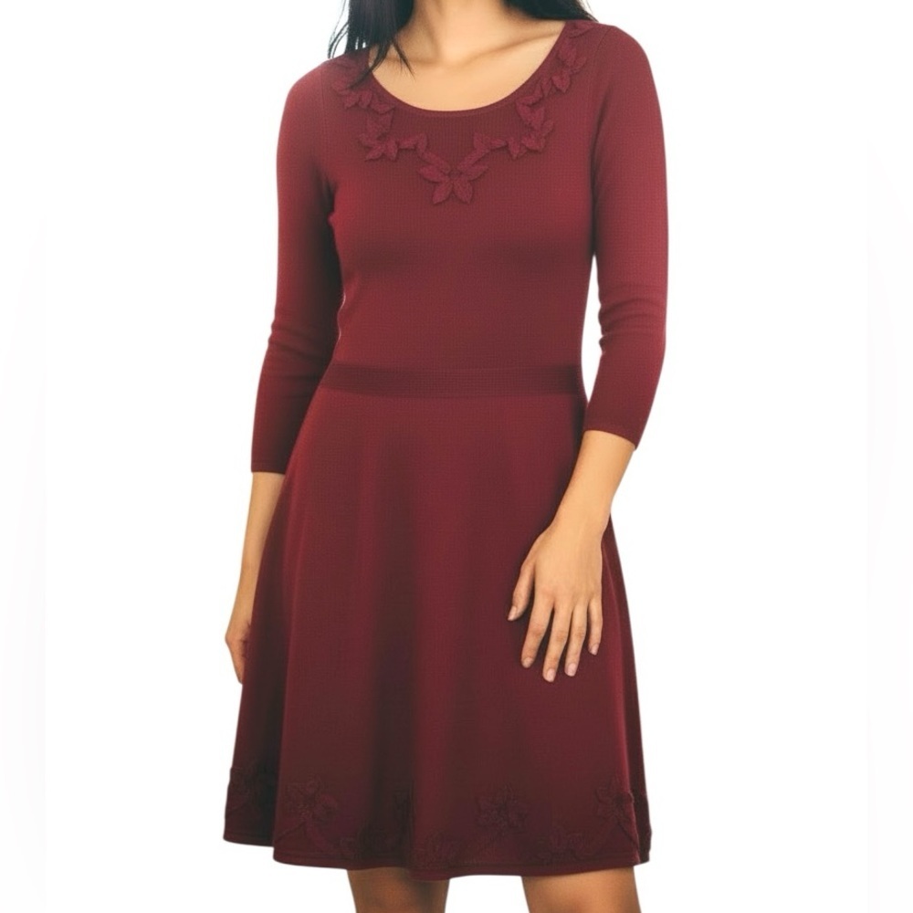 NEW UK Monsoon Fit & Flare Wool Blend Midi Sweater Dress Ribbon Embroidery US 4